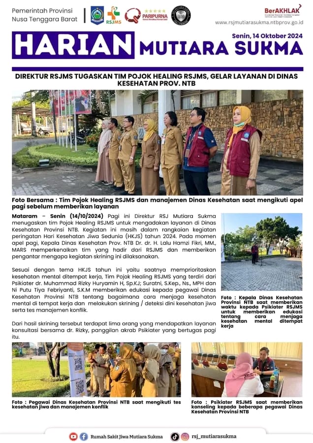 DIREKTUR RSJMS TUGASKAN TIM POJOK HEALING RSJMS, GELAR LAYANAN DI DINAS KESEHATAN PROV. NTB